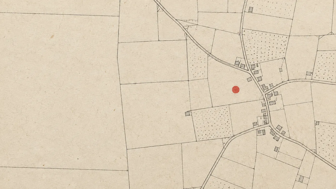 A nineteenth century cadastral survey map, hairline field boundaries on aged paper, one red stamp marking a single plot